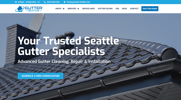 Website homepage of Gutter Seattle featuring information on gutter cleaning, repair, and installation services. Includes company logo, contact details, service hours, and a "Schedule a Free Consultation" button.