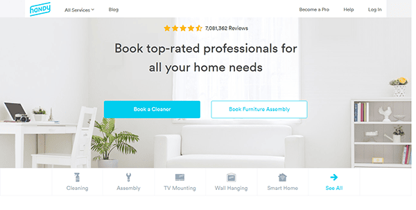 Website homepage for Handy, showing a service booking interface with options to book a cleaner or furniture assembly, along with other home services icons like cleaning, assembly, and TV mounting.