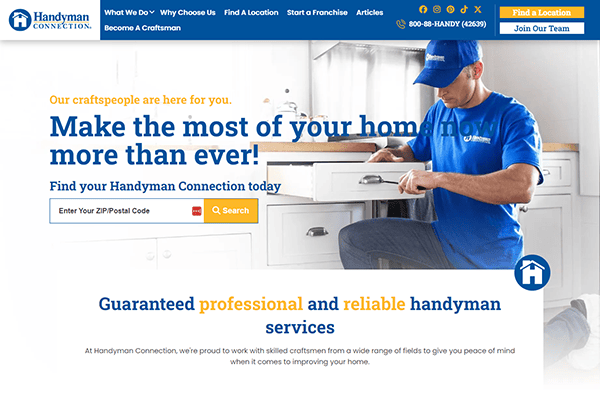 A handyman in blue uniform installs a drawer while kneeling. Text reads, "Make the most of your home, more than ever!" and "Guaranteed professional and reliable handyman services.