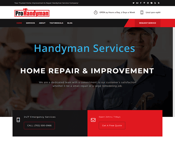 Screenshot of the ProHandyman services website homepage showcasing handyman services, home repair and improvement, contact details, 24/7 emergency services, and an option to request a free quote.