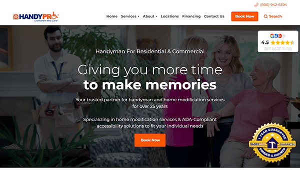 A handyman services company's website banner showing a handyman and happy customers with the text: "Giving you more time to make memories" and offering home and ADA-compliant modifications.