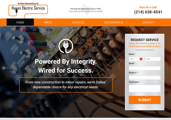 Homepage of an electrical services company with sections for Home, About, Services, Support, and Contact. The page features a request service form on the right and a tagline emphasizing integrity and reliability.