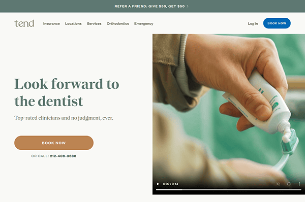 A person is squeezing toothpaste onto a toothbrush. The Tend dental website offers booking options and promotes a positive dental experience with top-rated clinicians.