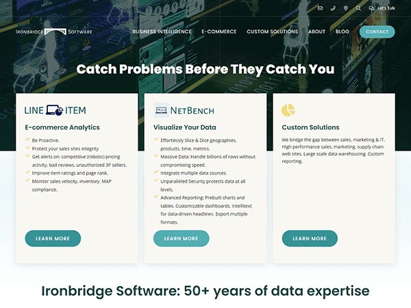 Screenshot of Ironbridge Software's webpage highlighting three services: E-commerce Analytics by Line Item, data visualization by NetBench, and Custom Solutions, with a tagline "Catch Problems Before They Catch You.