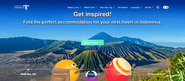 A website header featuring a scenic view of volcanic mountains in Indonesia with text encouraging visitors to find accommodation for their travel. Colorful cartoon characters are near interactive buttons.