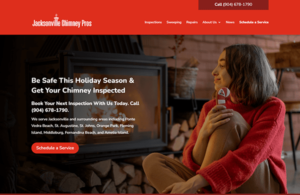 A woman in a red sweater sits by a fireplace. Text promotes Jacksonville Chimney Pros services, encouraging customers to schedule inspections. "Schedule a Service" button is visible.