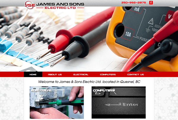 Website homepage of James and Sons Electric Ltd. showing electrical tools and navigation menu including Home, About Us, Electrical, Computers, and Contact Us. The company is located in Quesnel, BC.