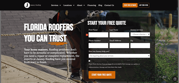 Screenshot of Janney Roofing's website featuring a form to start a free quote, a call-to-action button, and a headline stating "Florida Roofers You Can Trust." A roofer is working in the background.