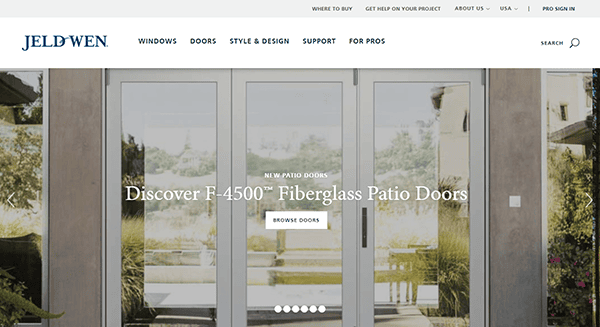 Screenshot of Jeld-Wen's homepage featuring their new F-4500™ fiberglass patio doors. The page includes navigation links at the top and a "Browse Doors" button at the center.