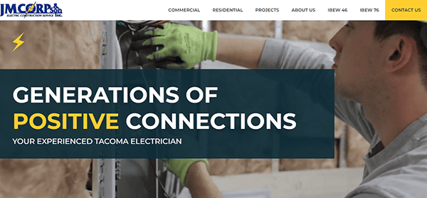 A person wearing gloves is working on an electrical panel. The text overlay says, "GENERATIONS OF POSITIVE CONNECTIONS - YOUR EXPERIENCED TACOMA ELECTRICIAN," with a company logo in the top left corner.