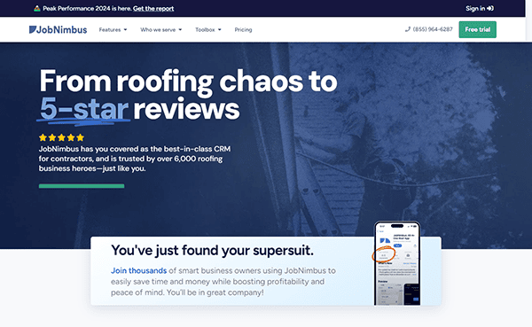 JobNimbus website homepage featuring a headline about transforming roofing projects to 5-star reviews. The call-to-action encourages trialing the service, with a phone number and a free trial signup button.