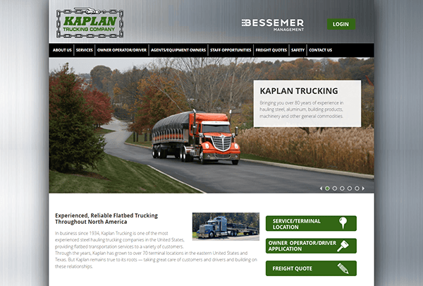 A screenshot of Kaplan Trucking's website homepage. The site highlights trucking services with an image of a red truck on a road, service details, and navigation menu.