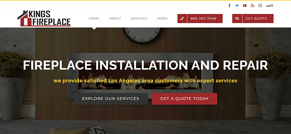 Screenshot of the Kings Fireplace website homepage. The company offers fireplace installation and repair services. The page features a prominent photo of a fireplace and buttons for exploring services and getting a quote.