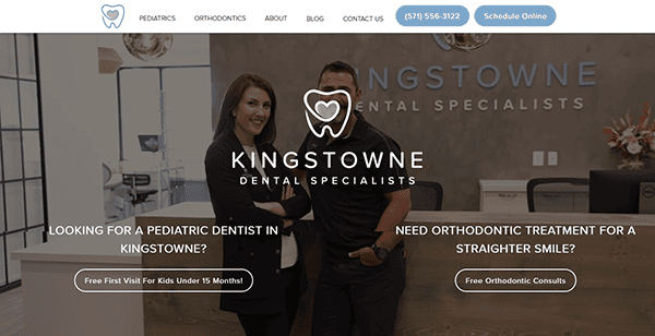 A man and a woman standing in front of a dental clinic reception desk with the sign "Kingstowne Dental Specialists." Text on the image advertises pediatric dental services and orthodontic treatment.