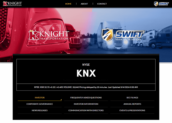 Screenshot of the Knight-Swift Transportation Holdings Inc. website showing NYSE ticker KNX with price details and menu options like Investor, Corporate Governance, and News Releases.