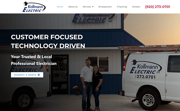 A man and woman stand in front of a building with "Kollmann Electric LLC" signage, beside two company-branded vans. The website header includes navigation links and contact information.