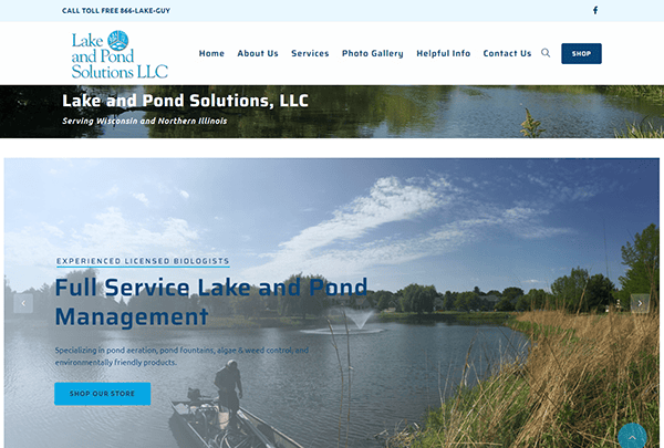 Website homepage of Lake and Pond Solutions, LLC featuring a header image of a lake with the text "Full Service Lake and Pond Management" and a menu bar with navigation options.