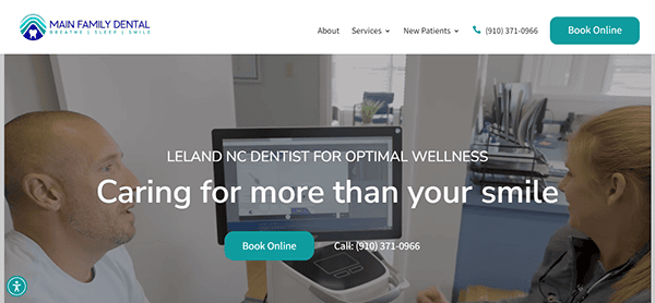 Screenshot of a dental clinic's website. The header reads "Main Family Dental." The banner shows a dentist with a patient and the text, "Caring for more than your smile." Contact details and booking options are provided.