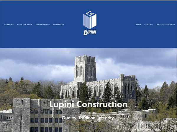 A stone building with a tower is pictured underneath a blue header for Lupini Construction, featuring their logo and navigation options. Text reads: "Lupini Construction. Quality, Tradition, Integrity.