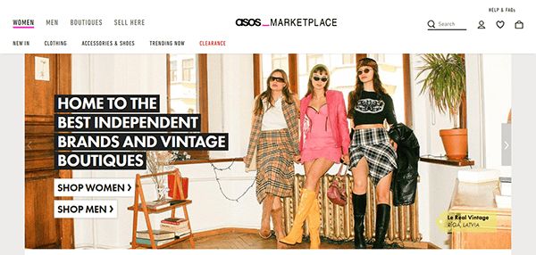 Three women in fashionable outfits pose indoors in front of a window. Text on the image promotes independent brands and vintage boutiques on ASOS Marketplace.