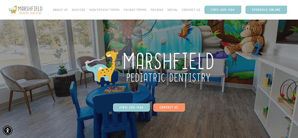 The image shows the website homepage of Marshfield Pediatric Dentistry. The page includes a bright, colorful waiting area with child-friendly furniture and decor, and options to view services, contact, and schedule online.