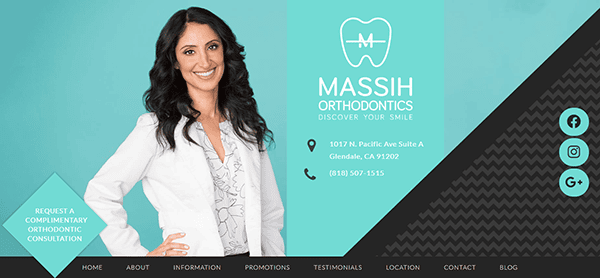 Image of a smiling woman in a lab coat standing beside the Massih Orthodontics logo. Contact details, including the office address, phone number, and social media icons, are displayed on a teal and gray background.