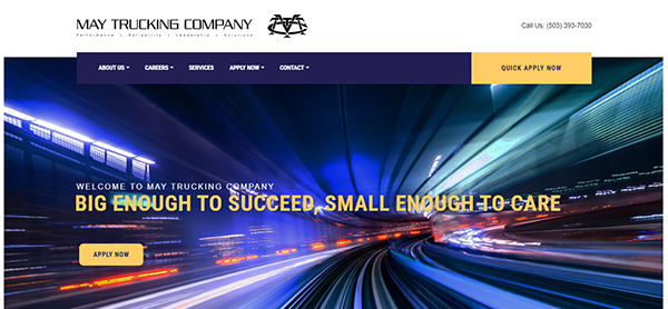 Screenshot of May Trucking Company's homepage featuring a slogan "Big Enough to Succeed, Small Enough to Care" with a "Quick Apply Now" button and contact number 503-905-7000.