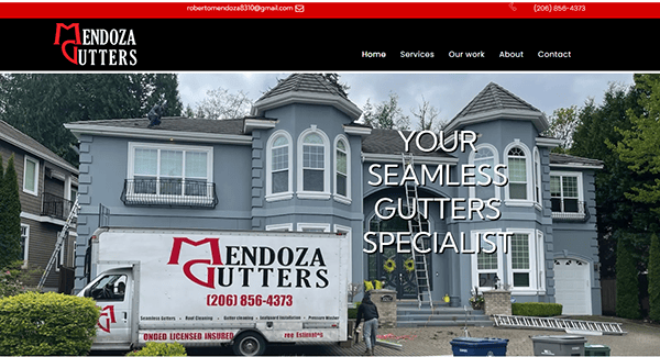 A white truck with "Mendoza Gutters" parked in front of a large house. Text overlay reads, "Your Seamless Gutters Specialist." Contact information is visible in the header.