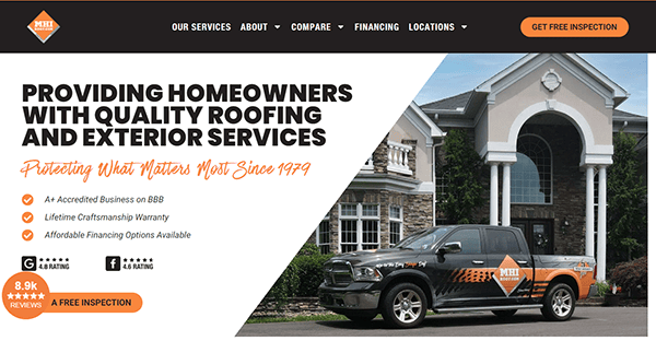 A promotional banner for a roofing and exterior services company. It highlights customer reviews, accreditation, warranties, financing options, and features an image of a branded truck parked by a house.