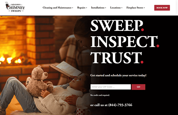 Child with teddy bear sits by fireplace, adult reads nearby. Text: "SWEEP. INSPECT. TRUST." and a service booking form from top Chimney Sweep Websites.