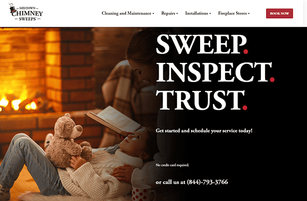 A child sitting by a fireplace with a teddy bear while an adult reads a book. The text reads "SWEEP. INSPECT. TRUST." with service details and a contact number for Midtown Chimney Sweeps.