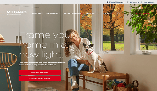 A woman sits with a dog on a bench in a sunlit room. Text overlay reads, "Frame your home in a new light with top window repair websites.