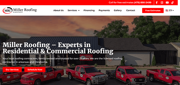 Website homepage of Miller Roofing Company featuring a banner image with several red company trucks parked in front of a building, along with navigation links and company contact information.