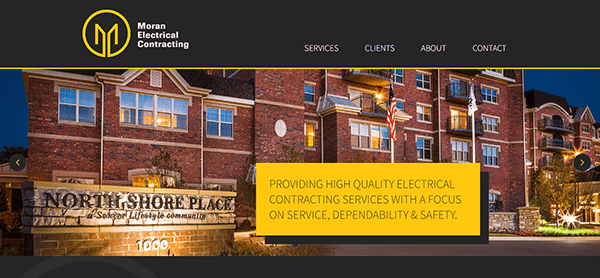 Website homepage for Moran Electrical Contracting featuring a large brick building and text promoting high-quality, dependable electrical contracting services. Navigation menu includes Services, Clients, About, and Contact.