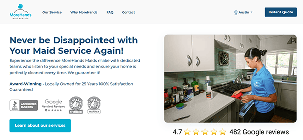 A MoreHands Maid Service employee cleans a kitchen counter. The ad highlights their satisfaction guarantee, award-winning service, and Google reviews rating of 4.7 stars from 482 reviews.