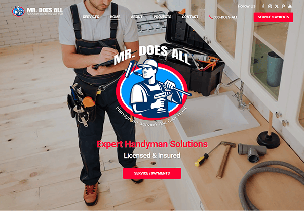 A handyman working on a kitchen sink with tools around him, featuring a "Mr. Does All" logo and text stating, "Expert Handyman Solutions. Licensed & Insured.