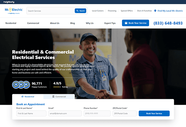 A person wearing a uniform shakes hands with another individual. The website promotes residential and commercial electrical services, featuring ratings and a form to book an appointment.