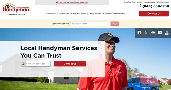 A website homepage for "Mr. Handyman," featuring a worker in a red shirt and cap. The page offers local handyman services with a search bar for zip/postal code and contact information at the top.