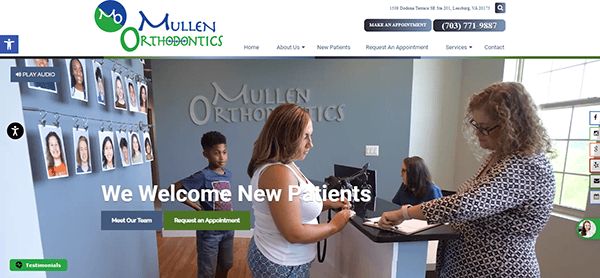 Image of a Mullen Orthodontics reception area with staff assisting a family. The screen shows options to meet the team, request an appointment, and view testimonials. "We Welcome New Patients" is displayed.