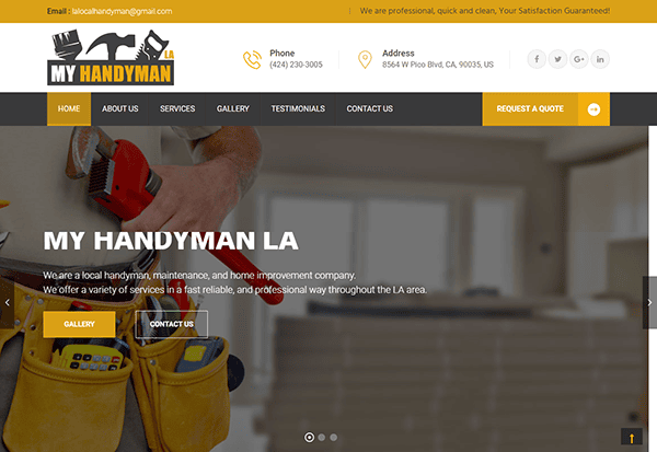 Screenshot of a handyman service website with navigation options, contact information, and a banner image featuring a person holding tools. Prominent text reads "MY HANDYMAN LA" and describes various handyman services.