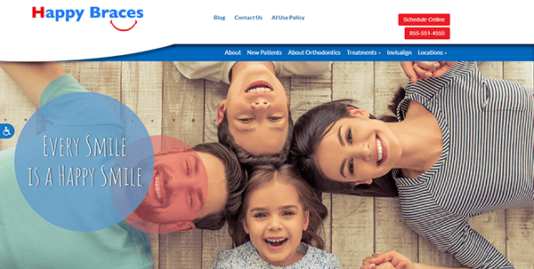 Four people lie on a wooden floor smiling at the camera. The image includes the "Happy Braces" logo and the phrase "Every Smile Is a Happy Smile.