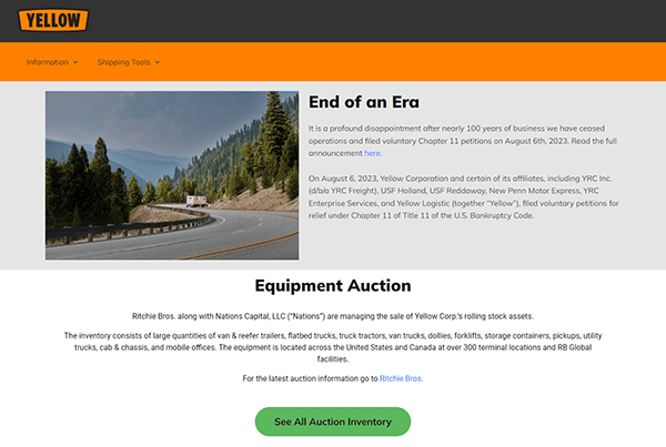 Screenshot of Yellow Corporation's announcement about ceasing operations and an equipment auction managed by Ritchie Bros. The page includes a background image of a winding road through a forest.