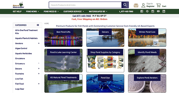 Screenshot of an online store homepage featuring categories for pond products, including kits, treatments, fish care, and equipment. This visually appealing website offers free shipping on all orders.