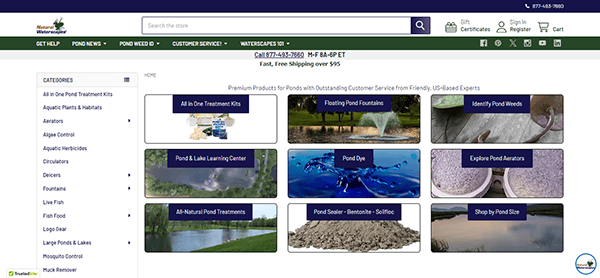 Screenshot of a website homepage showing categories of pond-related products and services including pond kits, floating fountains, pond dye, pond liners, aerators, and consulting services.