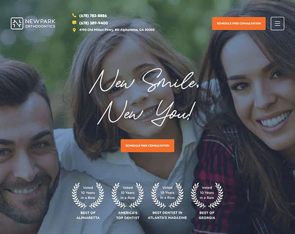 Three smiling people are pictured. The image includes contact information for New Park Orthodontics, a slogan "New Smile, New You!" and options to schedule a free consultation. Awards are also noted.