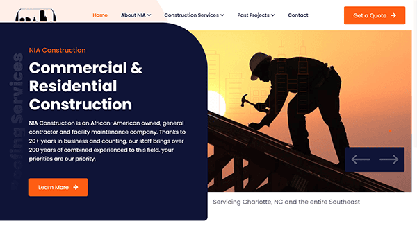 Website screenshot showing NIA Construction's page highlighting their commercial and residential construction services. A silhouette of a worker with a hard hat is seen against a sunset background.