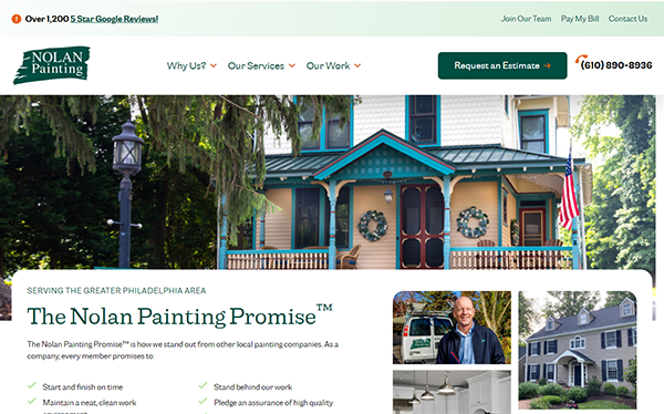 Screenshot of Nolan Painting's website displaying a house, a text section about their services, and links for team information, payment, and home improvement tips.