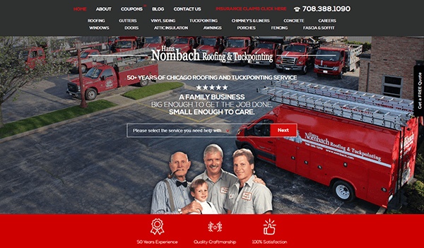 A family stands in front of red roofing trucks with the text, "Hans Nombach Roofing & Tuckpointing - 50+ Years of Chicago Roofing and Tuckpointing Service" and contact details.