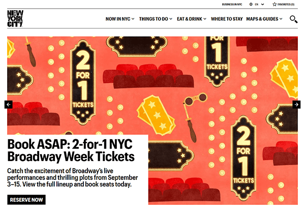 Promotional image for NYC Broadway Week featuring "2 for 1 Tickets" signs, stage props, red velvet seats, and text urging booking for shows from September 3-15.