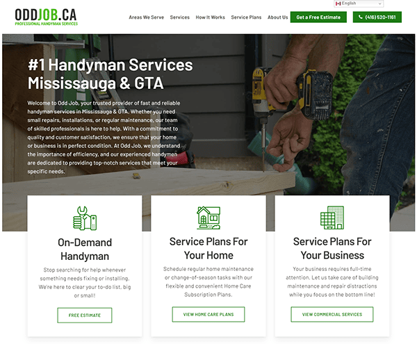 Screenshot of a handyman service website. The header reads "ODDJOB.CA #1 Handyman Services Mississauga & GTA." Three service categories are shown: On-Demand Handyman, Service Plans for Your Home, and Service Plans for Your Business.